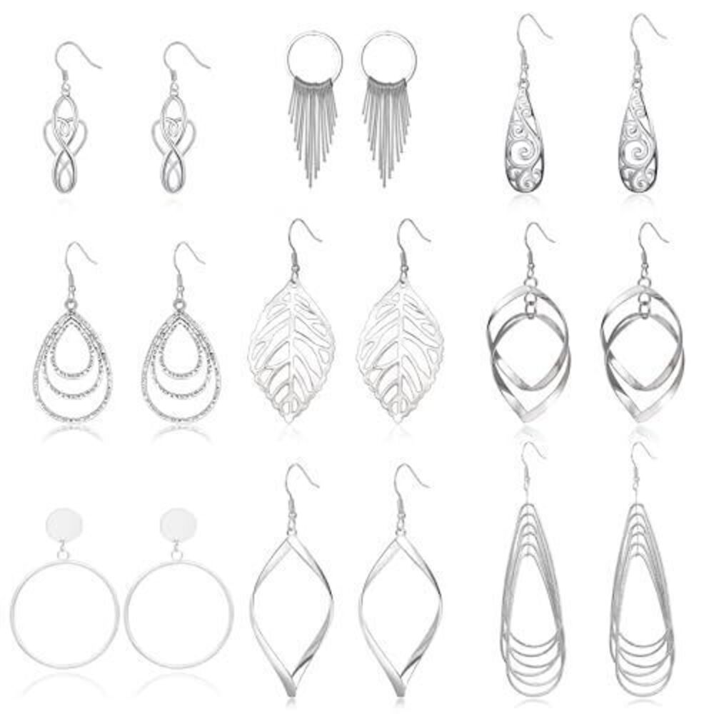 5941 9 Pairs Silver Dangle Earrings Set Retro Vintage Statement Bohemia